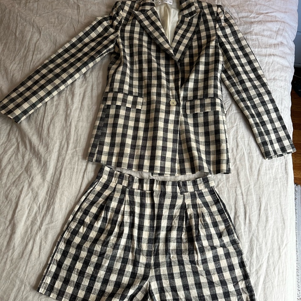 Mango Black and Cream Checkered Blazer and Shorts Set